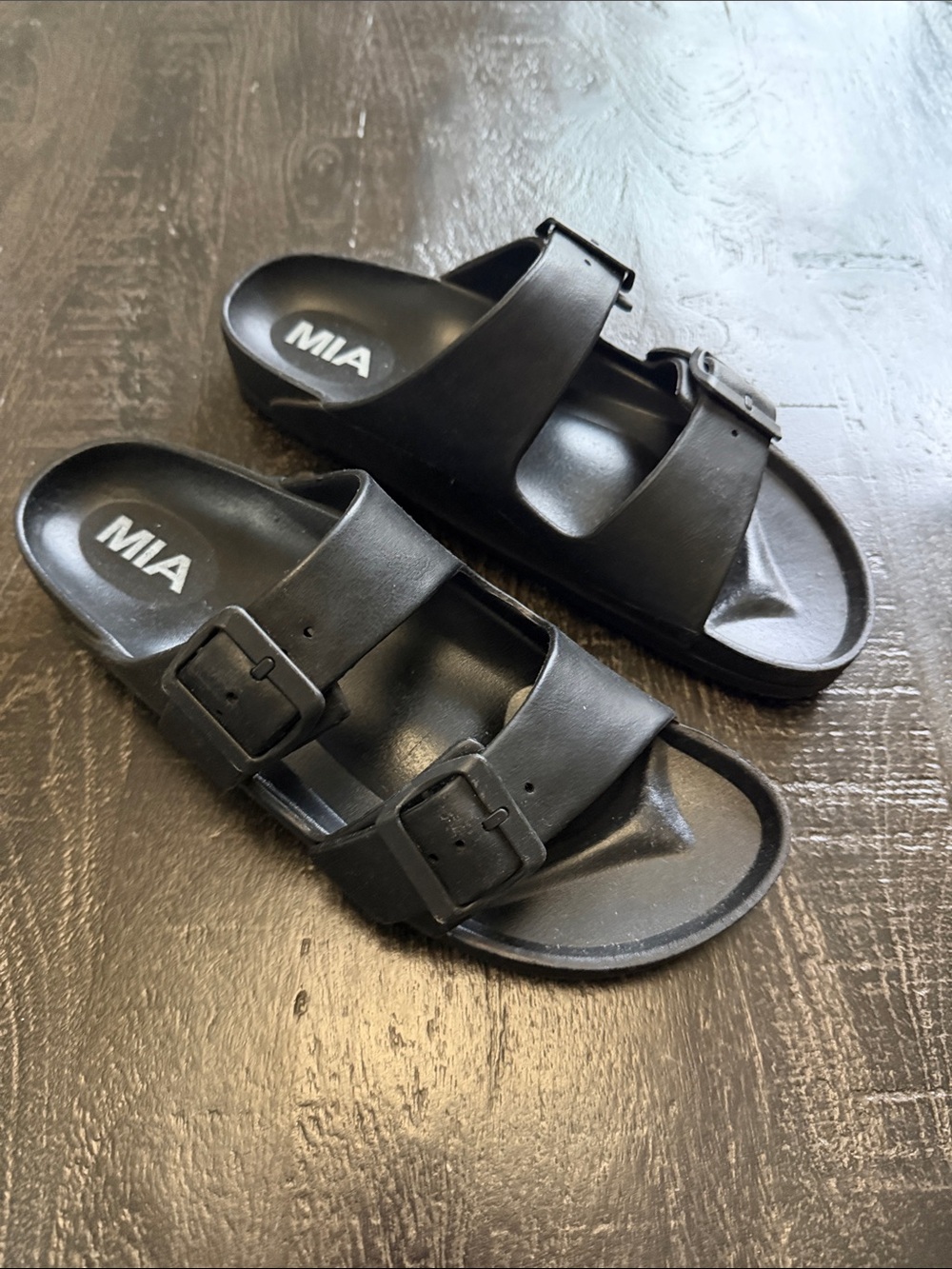 MIA Black Double-Buckle Slide Sandals